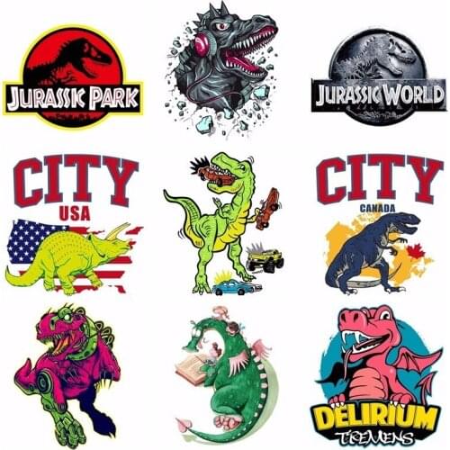Pulaqi Cartoon Jurassic Park Sticker Iron On Dinosaur Patches Heat Thermal Transfer For Man T-shirt Clothes Garment Accessory H