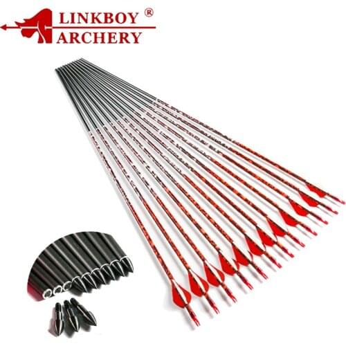 Linkboy Archery Pure Carbon Arrows Spine 500 75gr Arrow Tips ID6.2mm Compound Bow and Arrow Hunting Shooting 12pcs