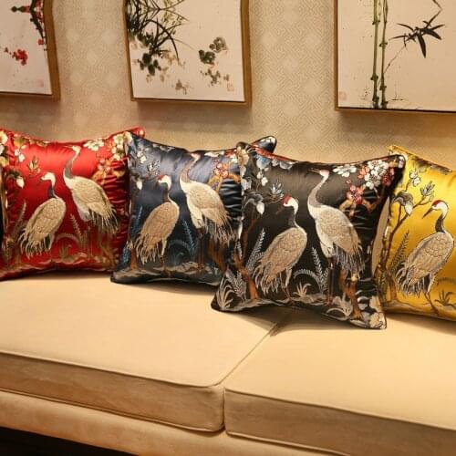 Red-crowned Crane Chinese Style Cushion Cover Luxury Embroidered Throw Pillowcases Yellow Black Red Home Decoration Pillow Cover