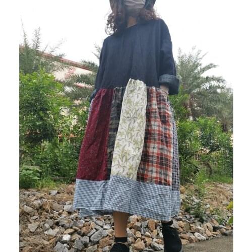 Autumn Winter Retro Literary Chinese Style Floral Stitching Mid-Length Loose Womens Dress Woman Clothes