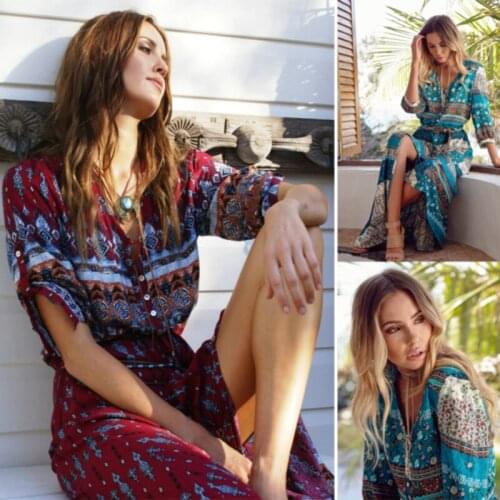 New Long Dress Bohemian Sexy V-neck Women Maxi Long Dress Floral Print Retro Hippie Vestidos Woman Party Night Elegant Dress