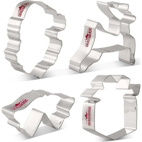 KENIAO Christmas Cookie Cutter Set - 4PC - Santa Face,Gift Box,Double Bell,Reindeer - Biscuit Cutters - Stainless Steel