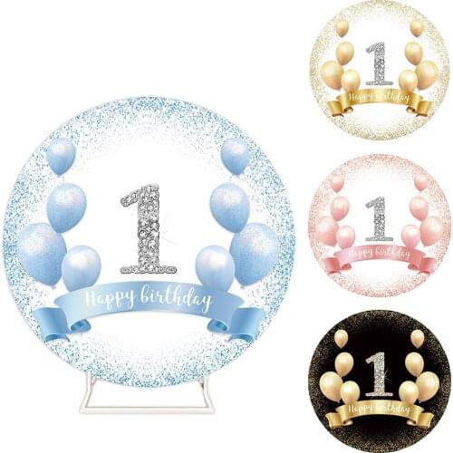 Balloons Blue Pink Yellow Black Round Backdrops Happy 1st Birthday Glitter Sequin Wall Banners Baby Shower Photobooth