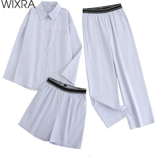 Wixra Women 3 Piece Pajamas Sets 100%Cotton Summer Spring Turn Down Collar Shirts+ Wide Leg Pants Casual Suits Home Wear