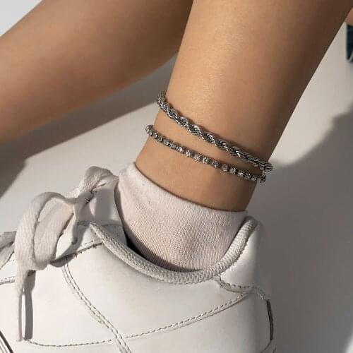 YC-UPGO Gold Silver Color Crystal Rope Shape Metal Anklet Bohemian New 2020 Summer Beach Handmade Beaded Anklet Jewelry Gift