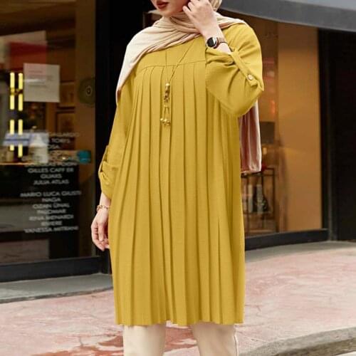 Pleated Solid Shirt ZANZEA Women Summer Full Sleeve Muslim Blouse Dubai Turkey Abaya Blusas Casual Long Tops Tunic