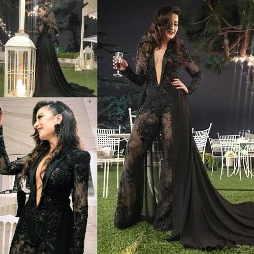 Black Lace Evening Jumpsuit with Train 2021 Sexy Deep V-neck Long Sleeve Appliqued Beaded Plus Size Women Occasion Prom Dress