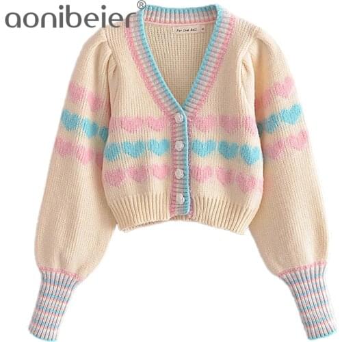 Aonibeier 2021 Za Woman Casual Traf Pull Autumn Striped Trims Y2K Sweet Girls Heart Pattern Knit Cardigan Crop Tops Sweaters