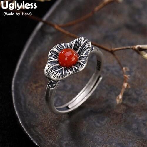 Uglyless Real Solid 925 Sterling Silver Handmade Thai Silver Lotus Leaf Open Rings for Women Agate Ball Ring Ethnic Fine Jewelry