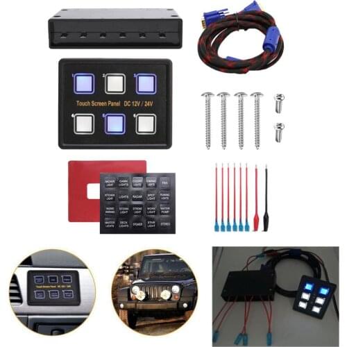 6 Gang LED Car Control Switch Panel Touch Screen with Harness and 20 Label Stickers for Car Marine Boat Trunk