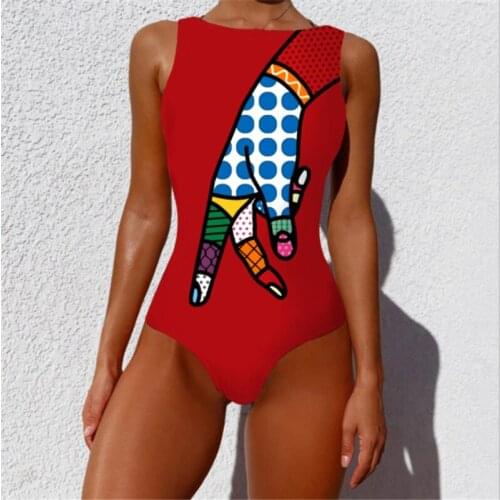 One Piece Swimsuit New Vintage Bikini Personality Abstract Print Beach Wear Backless Sleeveless Swimwear Women Kупальник 2021