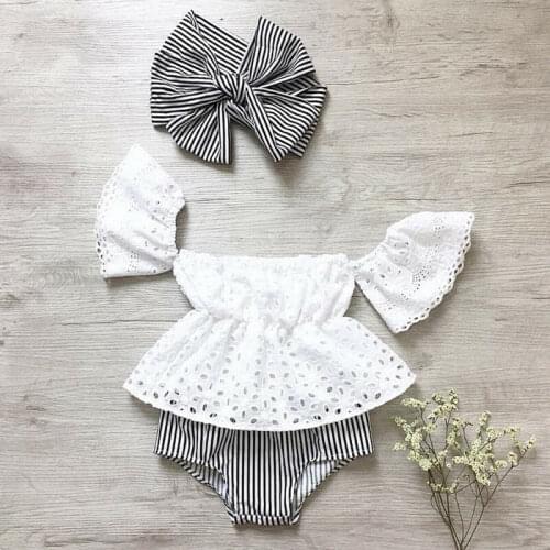 Kids Clothing Bebe Baby Girl Sets Clothes Summer Newborn Baby Girl Lace Off Shoulder Top Stripe Shorts Outfits Clothes 0-24M