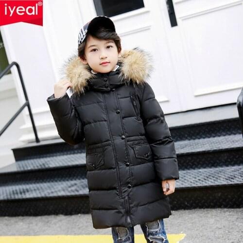 IYEAL Children Winter jacket Clothes Girl Coats Warm Fur Collar Boys Hooded Long Down Coats For Kids Outerwear Parka clothing