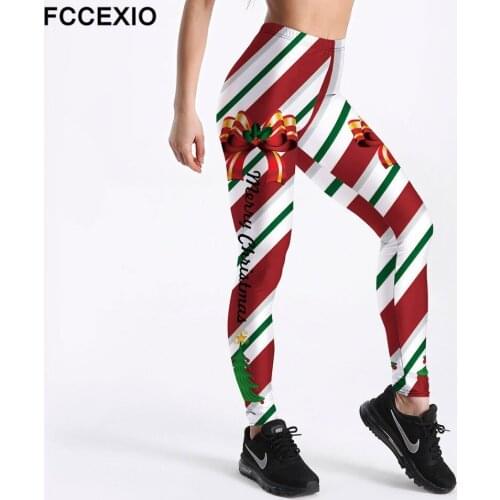 FCCEXIO Merry Christmas Letter Print Fashion Women Workout Fitness Leggings Pants High Elastic Stylish Womens Slim XMAS Leggings