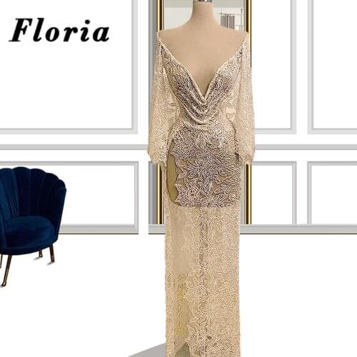 Kaftans 2020 See Through V neck Formal Gowns Newest Evening Dresses With Beaded Long Sleeve Arabic Dubai Prom Dress 2020 Vestido