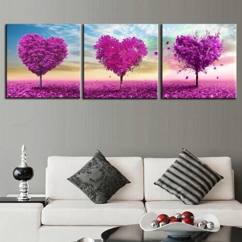 Paintings On Canvas Wall Art Framework Home Decor 3 Pieces Loving Trees Pictures Living Room HD Prints Purple Heart Trees Poster