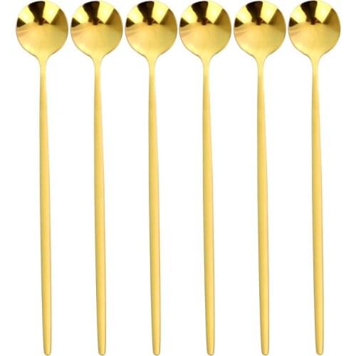 Long Handle 304 Stainless Steel Coffee Spoon Ice Cream 6 Pcs / Set Gold Mirror Dessert Tea Spoons For Picnic Kitchen Accessories
