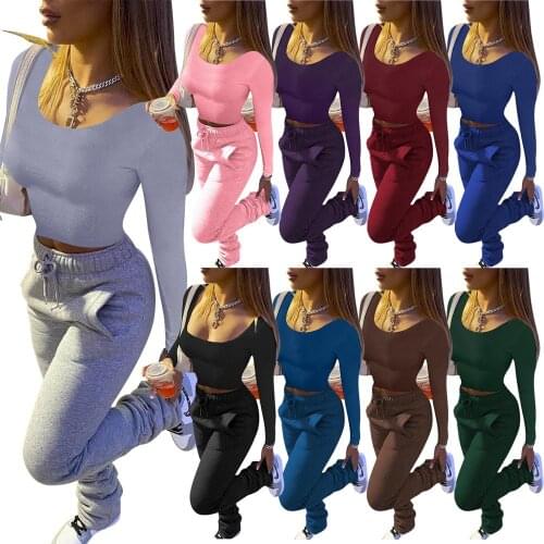 Two Piece Set Women Solid High Waist Drawstring Bell Bottom Flare Pleated Stacked Pants Trousers Crop Top for Women Sets S-2XL