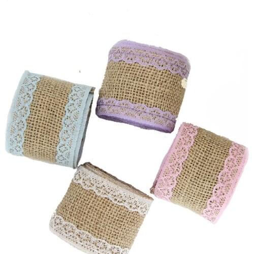 2m 5cm Width Burlap Ribbon with Colored Lace Natural Jute Handmade Ribbons for DIY Crafts Wedding Christmas Decoration