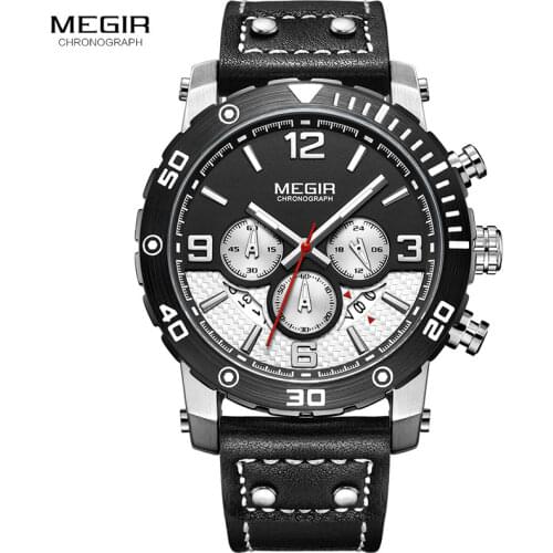 MEGIR Mens Sports Quartz Watches Fashion Leather Strap Chronograph Analogue Wrist Watch for Man Luminous Waterproof 2084GBK-1