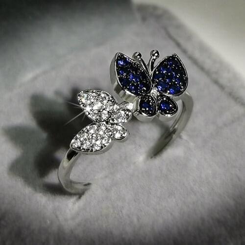 Fashion Luxury Blue Gem Crystal Ring Lady Shining Butterfly Silver Plated Ring Cocktail Party Wedding Party Jewelry Gift