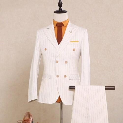 2020 Striped Men Suits clothing Double-breasted suit 3 pieces Blazers white slim fit Office Work Business wedding Mens Suits