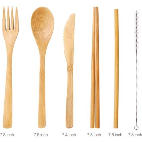 Bamboo Travel Utensils Reusable Bamboo Cutlery Flatware Set Include Fork Spoon Knife Straw Cleaning Brush with Carrying Bag