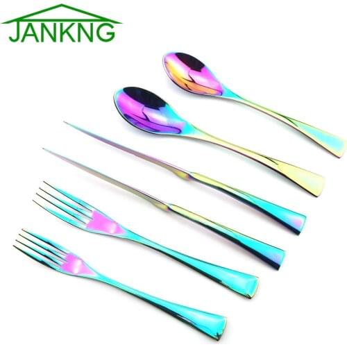 6/5/4pcs Rainbow Shiny Cutlery Set 304 Stainless Steel Dinnerware Set Steak Knife Dessert Sweet Forks Plates Tableware Utensils