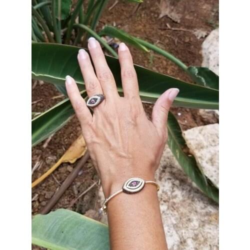 New Arrival EYE Shape Exquisite Micro Pave Cuff Bracelets Bangle & Open Ring Set For Women Men Jewelry Bijoux