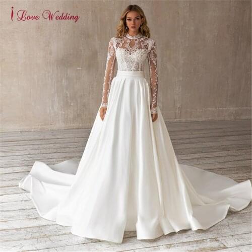 Charming Lace Long Sleeves Mermaid Wedding Dress Detachable Skirt Open Back Illusion A Line Bridal Gown 2021 Vestidos De Novia
