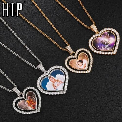 Hip Hop Custom Made Photo Heart Rotating Double-sided Iced Out Bling Cubic Zircon Necklace&Pendant For Men Jewelry Large Small