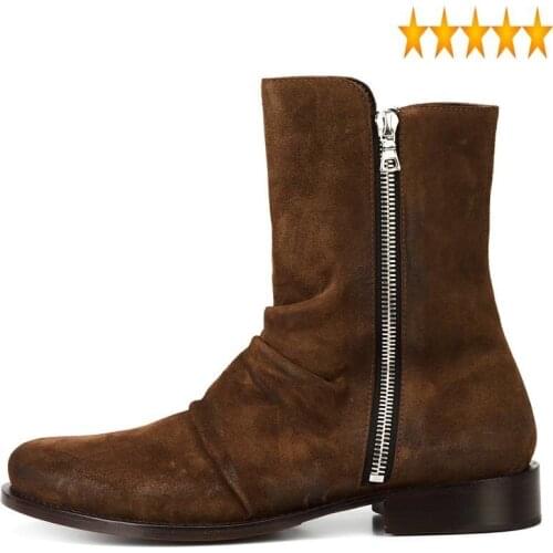 Runway Mens Suede Fashion Boots High Top Mid Calf Work Safety Genuine Leather Botas Militares Riding Shoes
