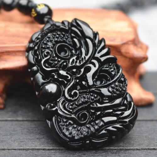 Drop Shipping Natural Black Obsidian Stone Carving Chinese Dragon Lucky Amulet Pendant Necklace For mens Fashion Jades Jewelry
