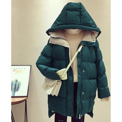 Winter Down Cotton Jacket Women Solid Color Hooded Zipper Padded Parkas High Quality Thick Warm Loose Fashion Female Midi Coat