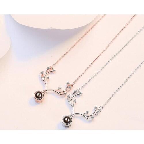 Romantic Memory 100 languages I love you Projection Rose Gold Pendant 925 Silver Fawn Necklace Fashion Valentines Day Presents