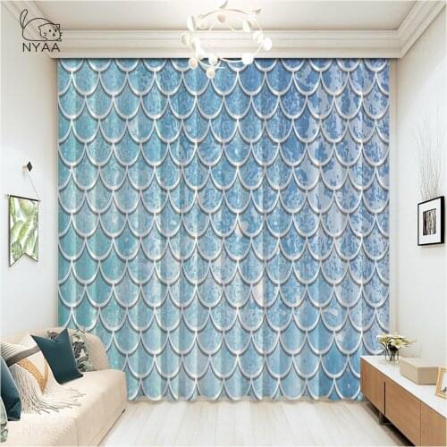 Pink-Blue Mermaid Scales Kawaii Kitchen Curtains 2021 French Window Curtains For Living Room Curtain Navy Blue Micro Shading