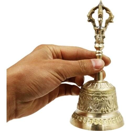 Handmade FengShui Hand Bell Tea Meditation Alarm Prayer Lucky Service Desktop Tibetan Buddhist Loud Call Dinner Brass Portable