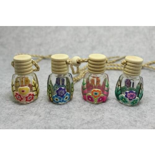 Cute 8ml Small Polymer clay flower glass car hanging perfume glass bottle 10pcs/lot