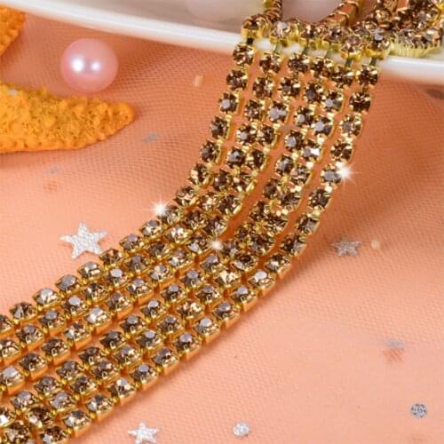Crystal yellow10Yards DIY Rhinestone Chain Dense gold bottom sewing Rhinestones for clothing Art Decoration