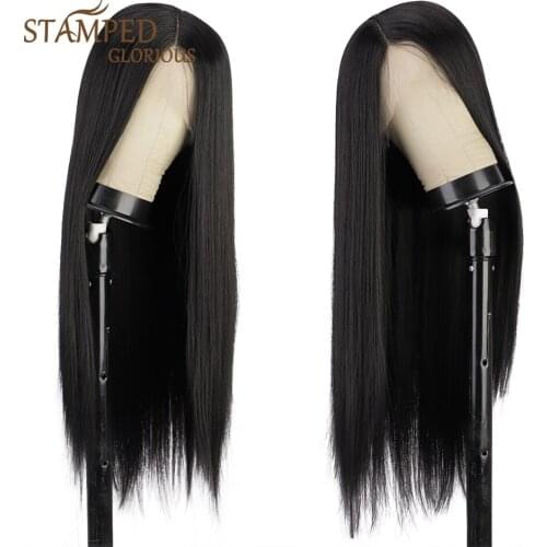 Stamped Glorious Long Straight T Part Synthetic Lace Wig for Black Women Middle Part Heat Resistant Hair Wig Daily Natural Wigs