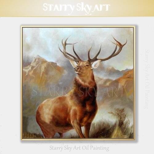 Top Artist Hand-painted High Quality Realist Deer Oil Painting on Canvas Beautiful Animal Reindeer Oil Painting for Villa Decor