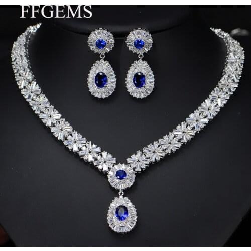 FFGems Amethyest Sapphire Emerald Topaz Gemstone silver gold color Big Necklace/Earrings Brida wendding party Jewelry Sets