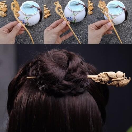 Chinese Retro Style Natural Wood Carved Hairpin Handmade Hollow Out Hair Stick Chopstick For Women Hairpins Hair Accessories