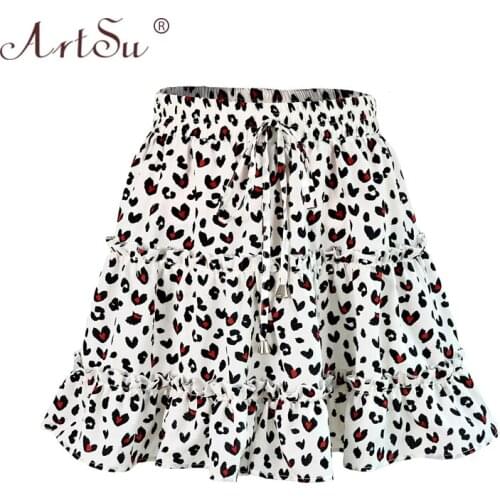 ArtSu Women Summer Floral Print A-Line Mini Skirt Elegant High Waist Short Beach Holiday Casual Skirts Boho XXL Plus Size 2020