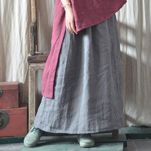 Johnature Women Solid Color Skirts Elastic Waist Ramie 2021 New Summer Loose Vintage Female A-Line Casual Skirts