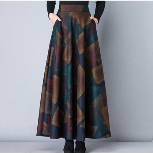 Autumn Winter Woolen Print Womens 2021 New High Waist Medium Length A-line Large Swing Shows Thin Skirt Blue Square Grid