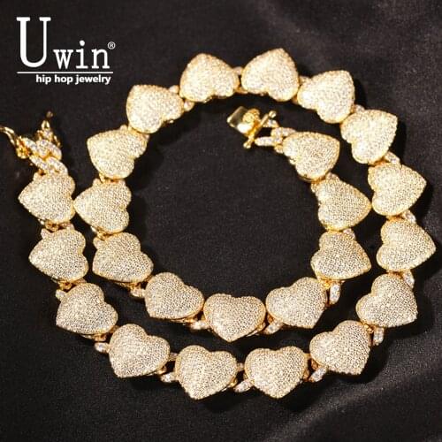 Uwin Heart Choker With 9mm Cuban Chain Micro Paved Iced Out Cubic Zirconia Luxury Bling Bling Charm Vintage Short Necklace