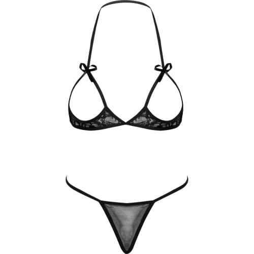 Women Lace Bowknot sexy lingerie underwear set Two-Piece Bikini Set Nightwear Open Cup Halter Neck Bra with G-string Briefs