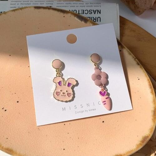 2021 Wholesale Cute Pink Rabbit Earrings Flower Carrot Asymmetrical Earrings Vitality Girl Earrings for Female Girl Gift