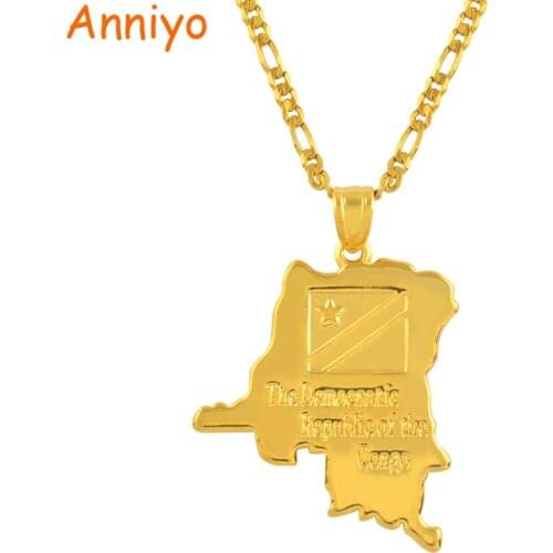 Anniyo Democratic Republic the Congo Map & Flag Pendant Gold Color DRC Kinshasa Necklace Patriotic Jewelry for Women/Men #083606